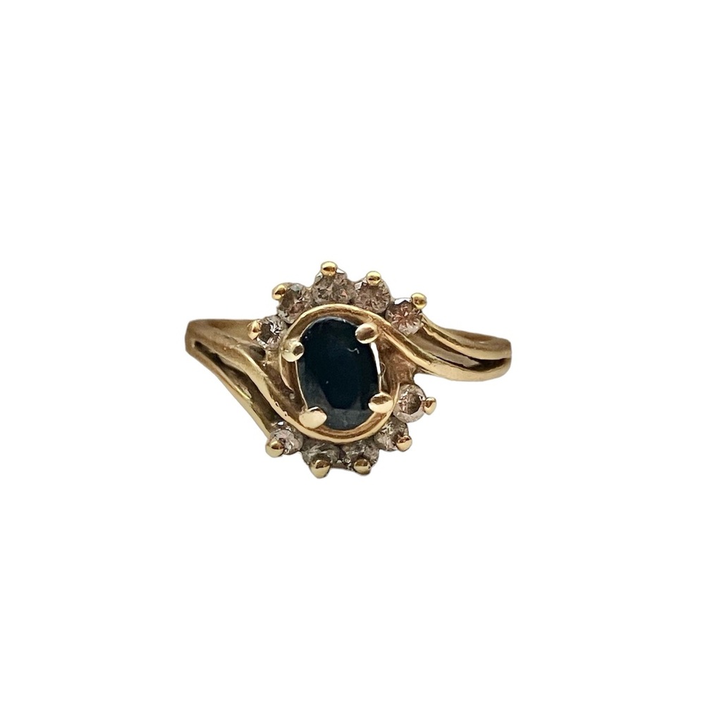 Vintage 14k solid gold ring, diamonds, blue sapphire - size 6.5-7
